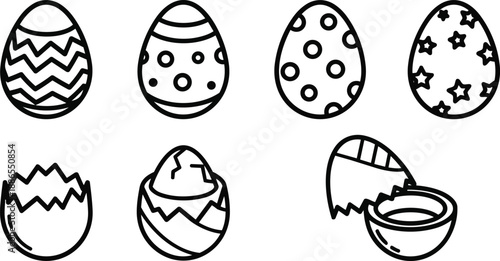 Line art vector eggs set close up decorated easter eggs cracked halves top view simple black outline playful icons row of six hand drawn isolated collection