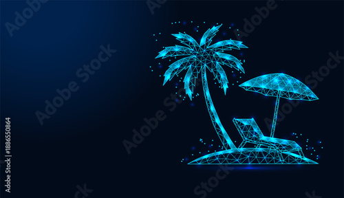 Low poly wireframe palm tree, sun lounger and umbrella on beach island.