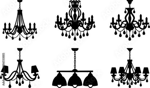 A set of six black silhouette chandeliers on transparent background