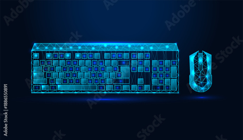 Low poly wireframe computer keyboard and mouse on dark blue background.