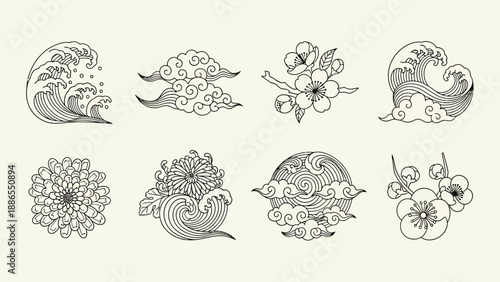 Collection of Japanese Inspired Floral and Wave Illustrations.