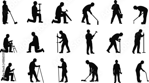 Construction workers silhouette set, hard hat labor icons, manual trades poses, tool usage, building site activities, safety, teamwork, surveying, measuring, hammering, painting