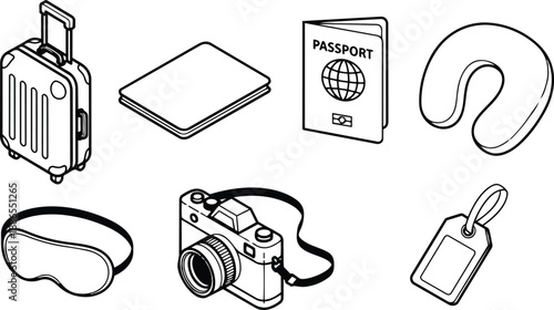 Isometric line art travel icons set showing rolling suitcase passport camera neck pillow eye mask luggage tag closed notebook front angle strap visible wheels textured hard