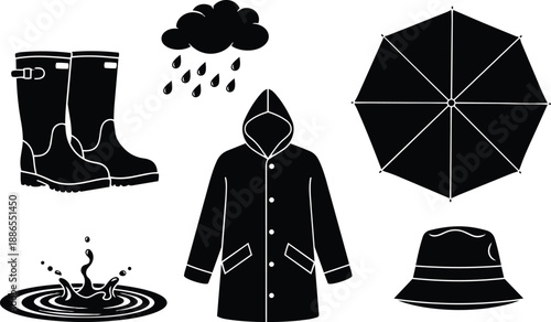 Flat design front view hooded raincoat with buttons rubber boots with strap umbrella puddle splash rain cloud bucket hat black silhouette vector icons simple minimal outline