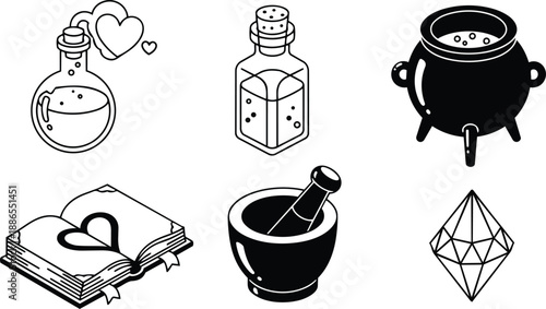 Line art vector icon set of magical apothecary items showing love potion bottle salt shaker cauldron open grimoire mortar and pestle crystal flat design minimalist black