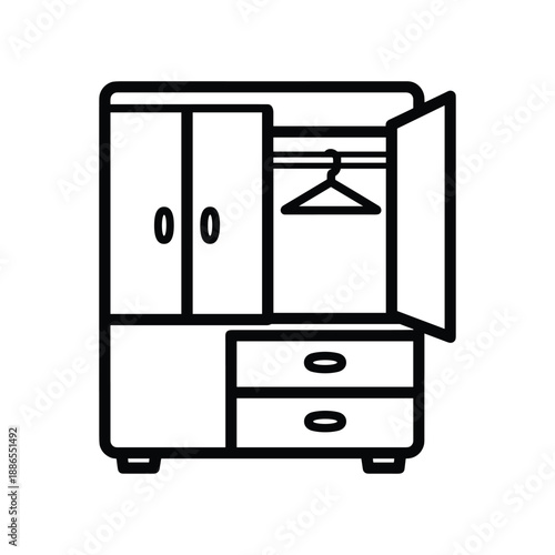 Black wardrobe icon with open door and hanger