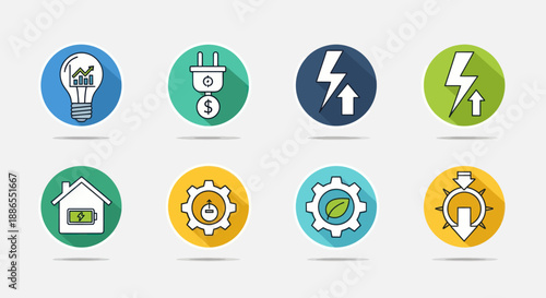 Collection of Colorful Energy and Financial Icons on Circles.