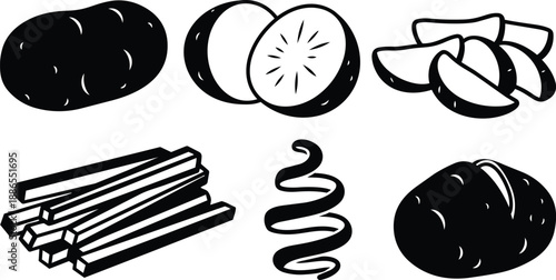 Minimalist vector line art potato icons whole sliced wedges fries sticks spiral peel and baked potato set for food packaging labeling and menu design branding illustration