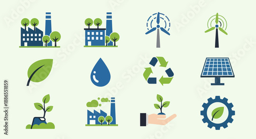Collection of eco-friendly industry and renewable energy icons.