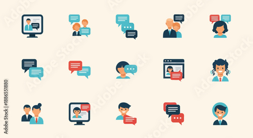 Colorful Communication Icons Depicting People and Speech Bubbles.