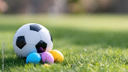 Soccer ball resting on green grass with colorful Easter eggs in pastel shades nearby, creating a playful springtime scene suitable for holiday-themed activities