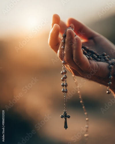 Rosary Prayer Hands Catholic Holy Week Spain Faith Devotion.Hands holding a rosary with cross in golden sunset light. Religious faith and prayer concept