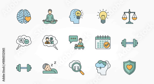 Collection of Icons Representing Mental Health and Well-being Concepts.