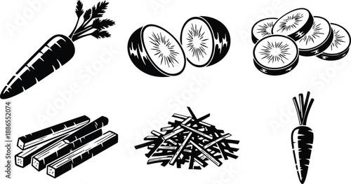Line art close up vegetable and fruit set showing whole and sliced carrot and kiwi with stick and shred preparations on white background simple clean studio