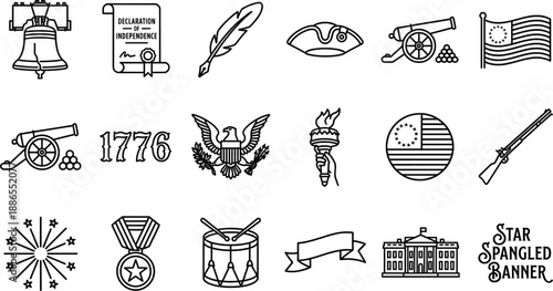Independence Day and 1776 Americana Line Art Icon Set.