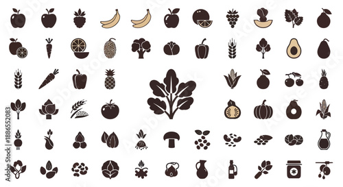 Diverse Black Silhouette Fruit and Vegetable Icons Collection.