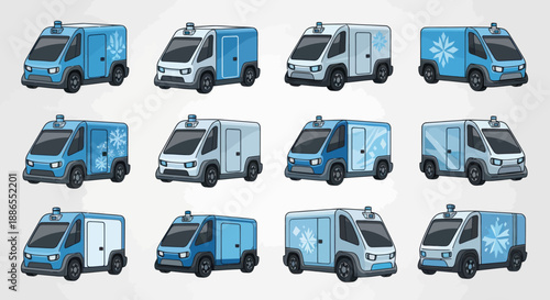 Collection of Illustrated Delivery Vans with Snowflake Designs.
