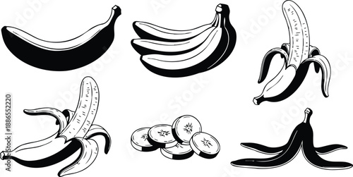 Line art vintage banana illustrations peeled sliced bunch and single fruit top view side angle flat vector pack high contrast bold shadows ink engraving isolated monochrome