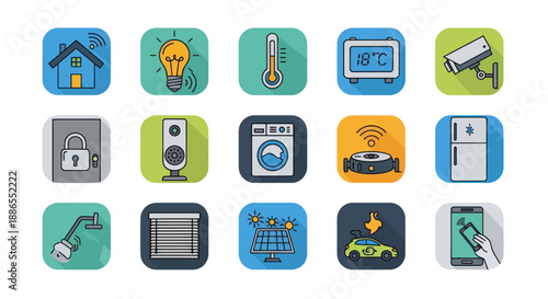 A colorful set of modern smart home automation icons for IoT and technology concepts.