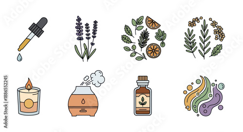 Collection of Aromatherapy Icons: Essential Oils Herbs and Diffusers.