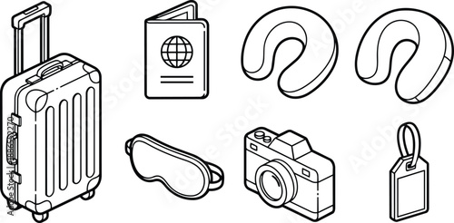 Isometric line art angled view travel accessories set with rolling suitcase passport camera sleep mask neck pillow luggage tag packing concept minimalist monochrome flat