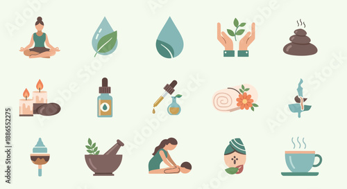 Spa and Wellness Icon Set: Yoga Aromatherapy Massage and Relaxation Elements.