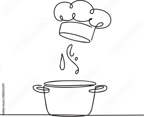 Chef's hat pouring liquid into a pot on a kitchen counter from a top view