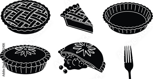Flat design black pie icon set showing whole lattice pie slice empty tart shell closed hand pie with fork side view simple vector art minimal silhouette