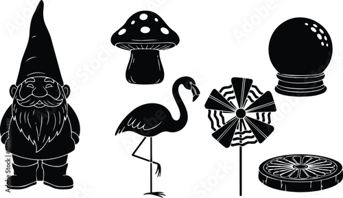 Flat design whimsical silhouette icon set showing smiling garden gnome close up standing with mushroom flamingo pinwheel crystal ball citrus slice left profile low playful