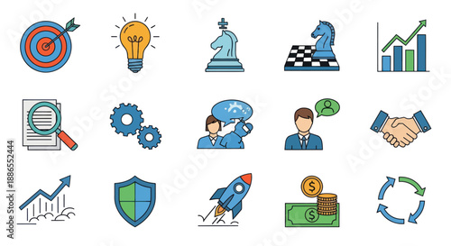 Colorful Business and Strategy Icons Set on White Background.