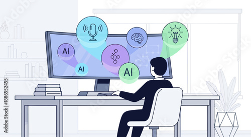 Professional at a desk interacting with Artificial Intelligence technology on a large computer monitor.
