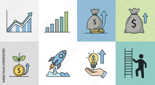 Colorful Financial Growth Icons Depicting Business Success and Progress.