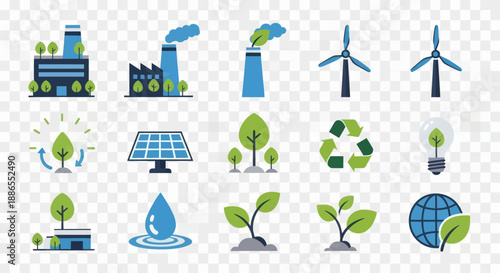 Collection of eco-friendly energy and industry icons.