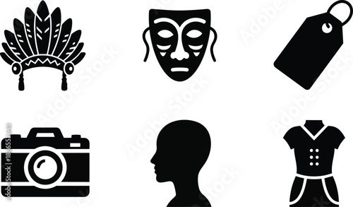 Flat icon set feather headdress theatre mask price tag camera profile head dress clothing lineup front view silhouette simple rounded isolated minimalist black vector art collection