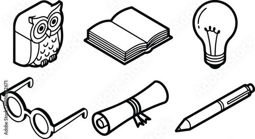Line art vector icon set isometric study symbols owl open book light bulb round glasses diploma scroll and pen arranged on white background clean outline minimal