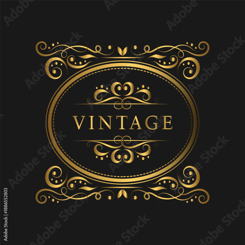 Golden decorative oval frame with curls. Vintage template design with baroque ornamentation. Elegant decorative frame for labels, certificates, invitation tickets, and banners.