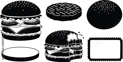 Vector burger ingredient set top view assembled cheeseburger with sesame bun separated patty cheese lettuce tomato sauce bitten burger close up black and white stencil style
