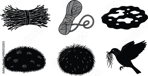 Flat vector silhouette set of bird nests twigs yarn moss and nesting materials with flying bird carrying fibers isolated black and white farmhouse illustration closeup top view