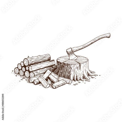 Axe on tree stump with firewood