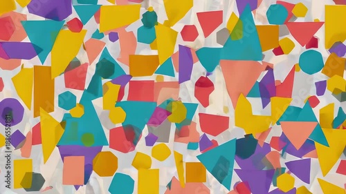 Colorful geometric shapes overlap on a light background