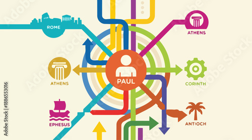 Abstract flat vector illustration showing multiple cities connected by simple lines or paths radiating outward from Paul. Each city is represented by a basic icon or shape. Bible story