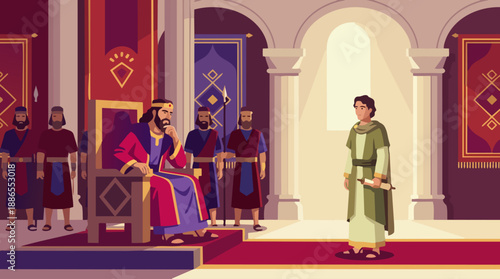 Daniel stands before King Darius in a royal hall made of flat columns and arches. The king’s posture shows conflict—head tilted, hand on chin—while officials stand rigidly behind him. Bible story