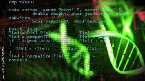 Animation of dna helix rotating over computer code and digital data processing on grids