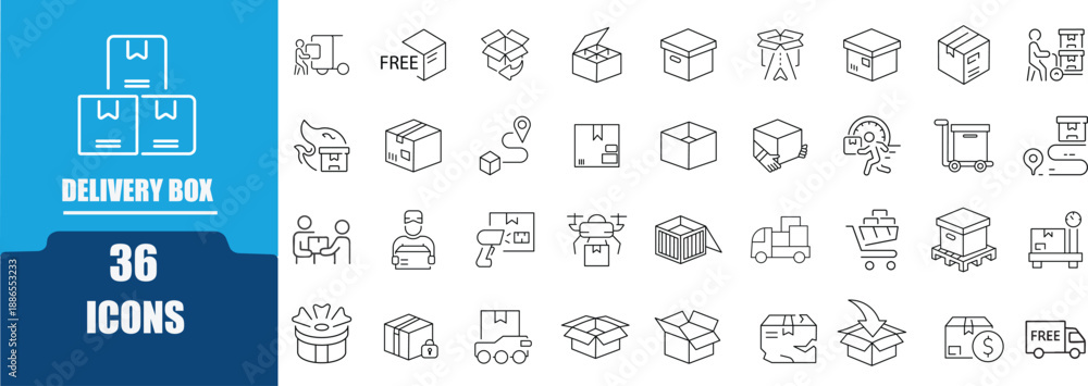 Fototapeta premium Packaging and Delivery Web Icon Set in Line Style. Contains icon related to Including shipping, parcel, delivery, global,signs, and more. Editable stroke.