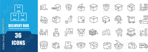 Packaging and Delivery Web Icon Set in Line Style. Contains icon related to Including shipping, parcel, delivery, global,signs,  and more. Editable stroke.