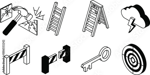 Isometric line art construction and security icon set hammer smashing glass single ladder folding ladder storm cloud with lightning striped barricade barrier key and target black