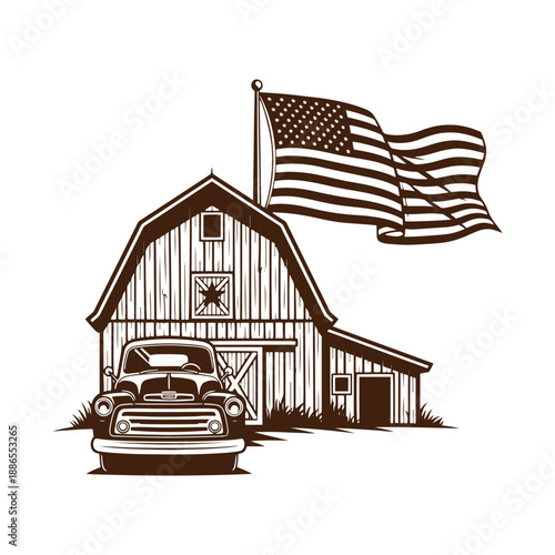 Vintage truck parked in front of barn with american flag