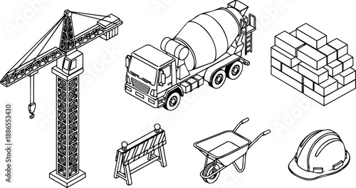 Isometric line art construction equipment set with tower crane cement mixer truck stacked brick wall safety helmet wheelbarrow traffic barrier detailed technical drawing perspective black outline