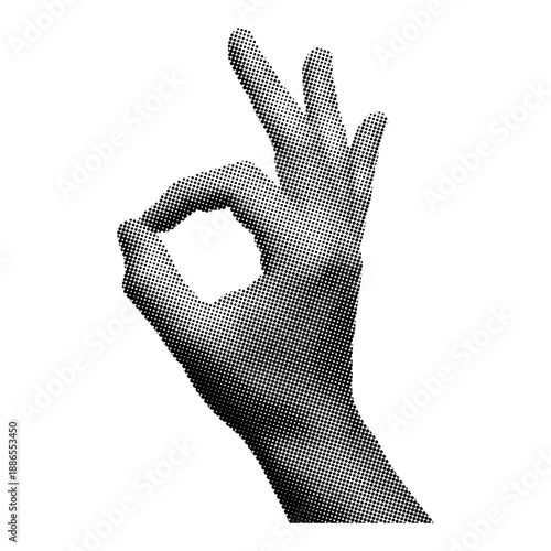Halftone hand ok gesture. Collage photocopy gestures arms, grunge cut out paper shaking hand Ok gesture, Ok sign, ring gesture.eps