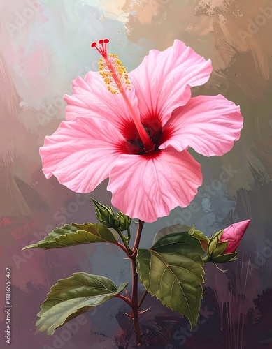 A pink hibiscus flower with green leaves on a multicolored background